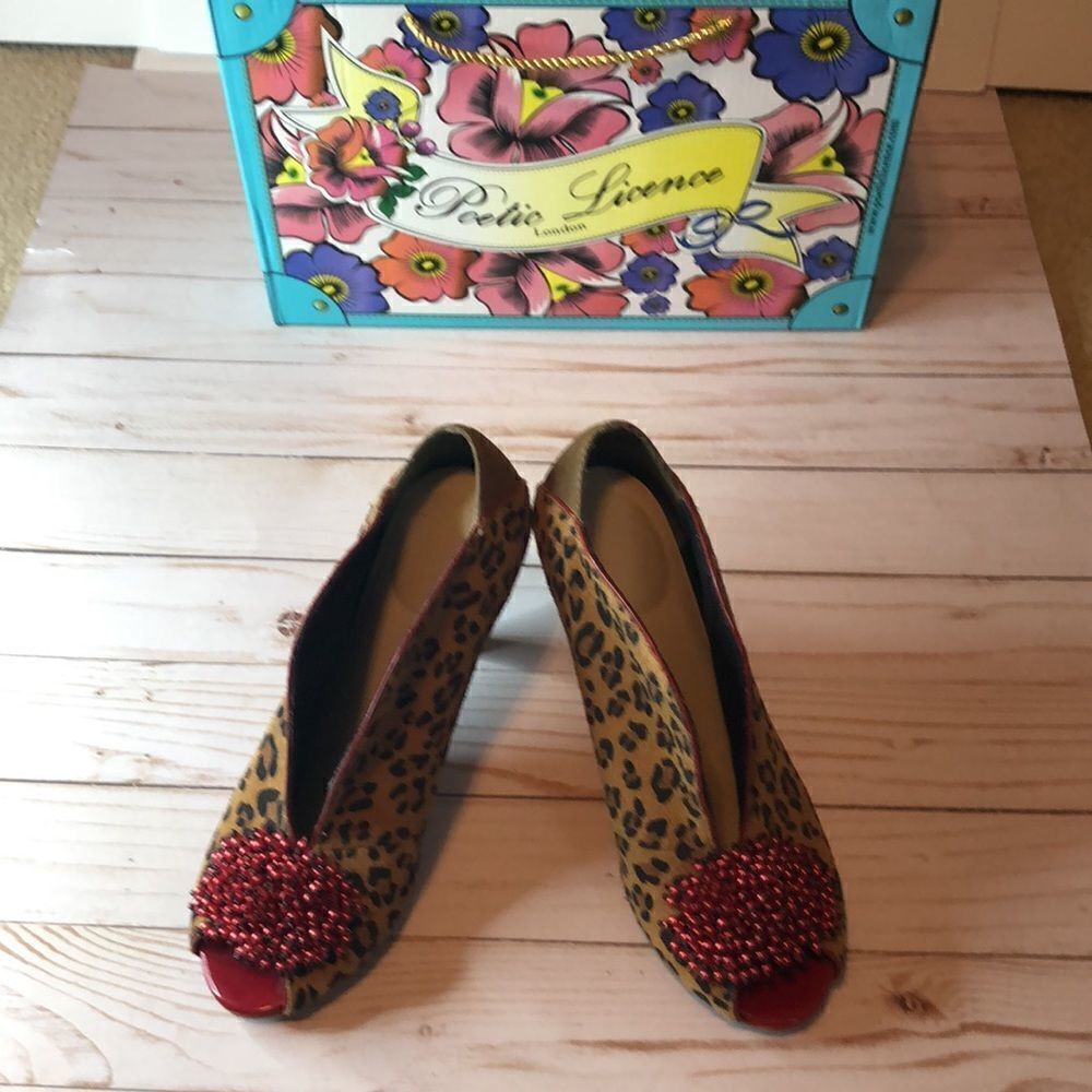 Poetic License Leopard Print Peep-Toe Heels with Red Beaded Accent